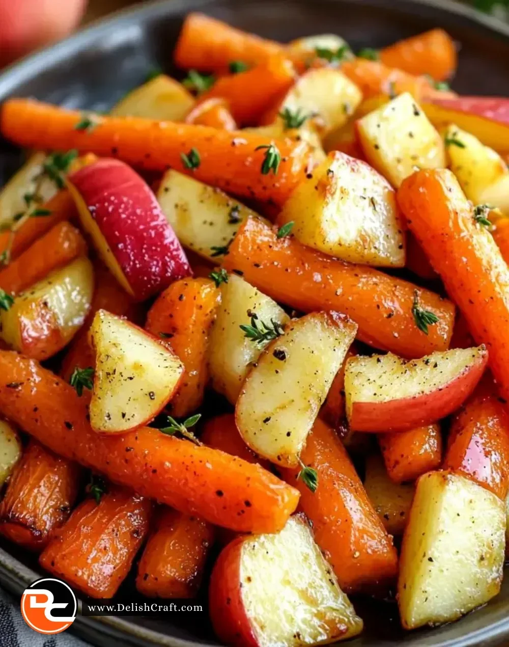 Plate of Maple Dijon Roasted Carrots and Apples garnished with herbs.