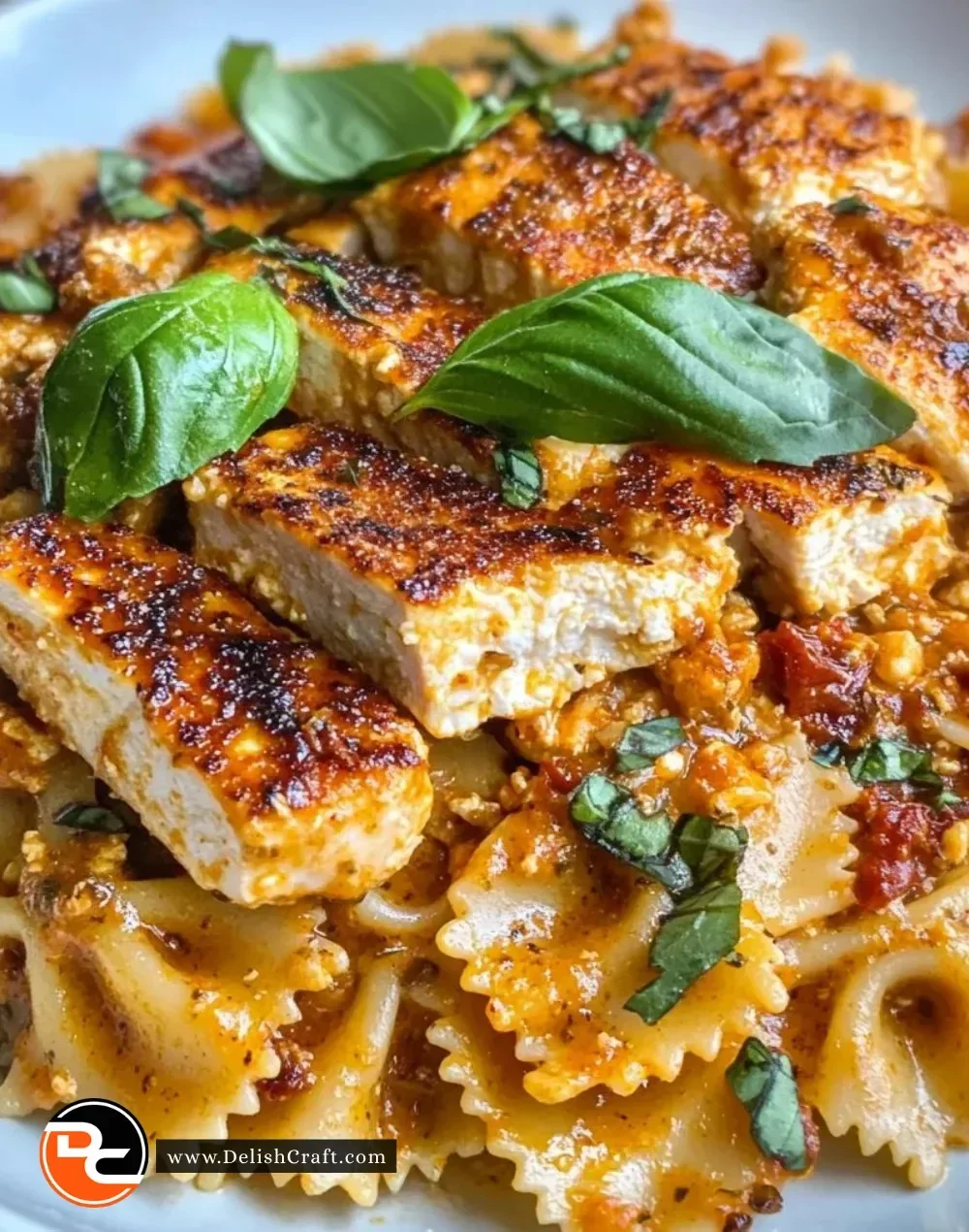 Vegan Marry Me Chicken Pasta dish garnished with fresh herbs