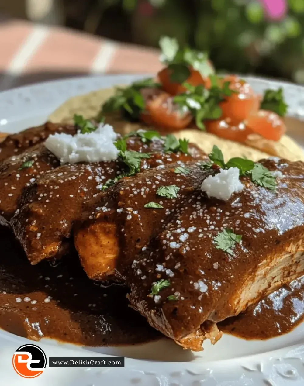 Delicious Mexican Turkey Mole served in a bowl with colorful garnishes.