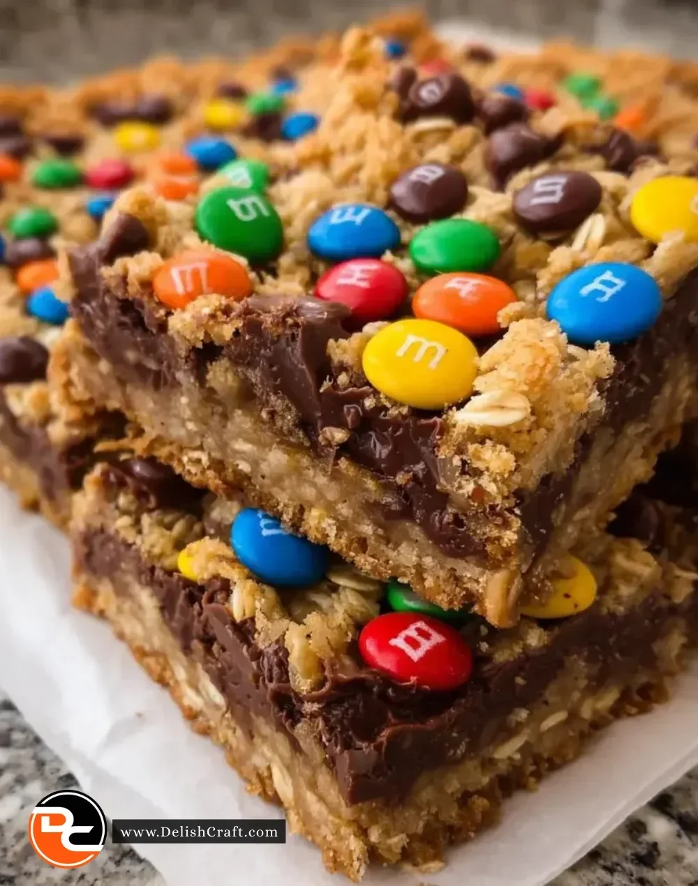 Delicious M&M chocolate fudge oatmeal bars with colorful candy toppings