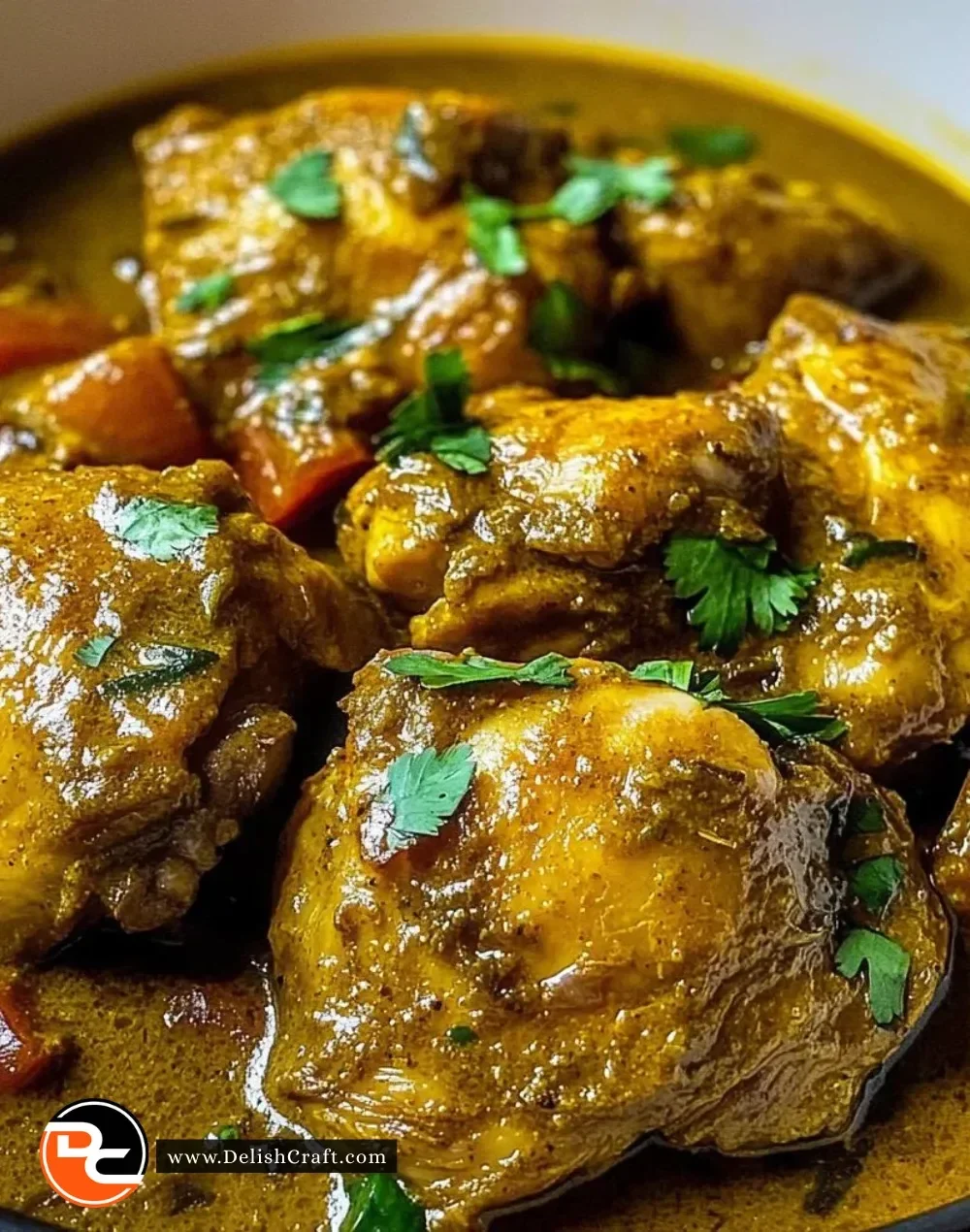 One-Pot Jamaican Curry Chicken served in a bowl with herbs and spices