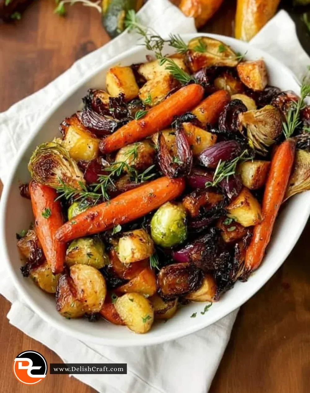 Colorful plate of oven roasted vegetables including carrots, bell peppers, and zucchini