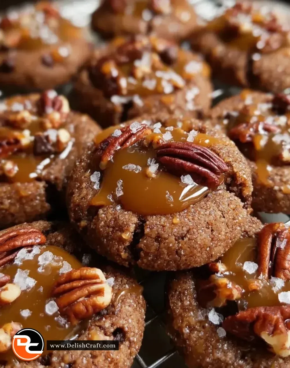 Delicious Pecan Caramel Thumbprint Cookies on a baking tray.