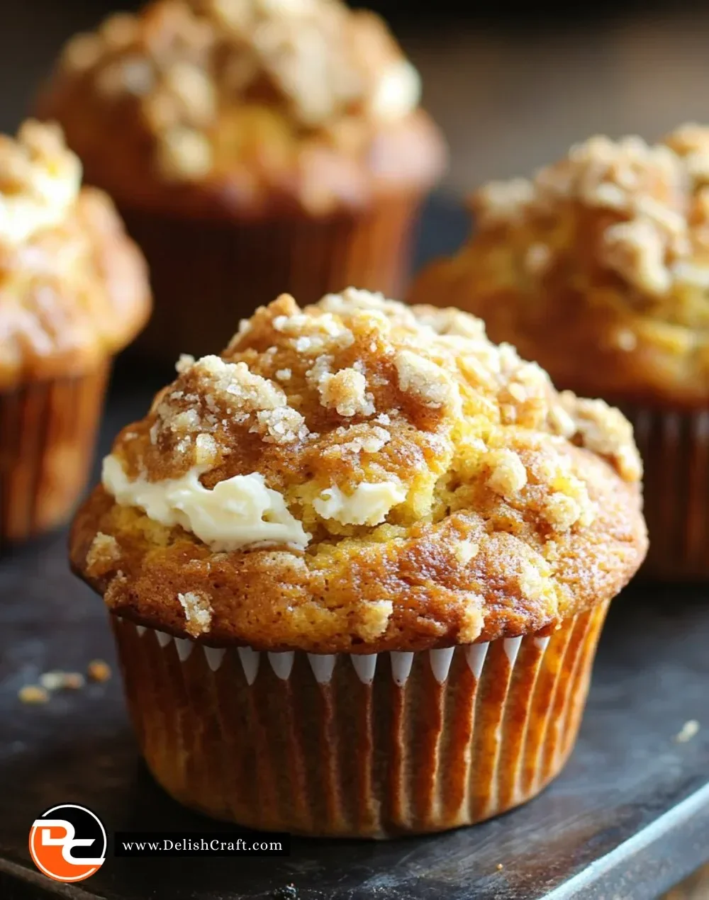 Freshly baked pumpkin cream cheese muffins on a cooling rack