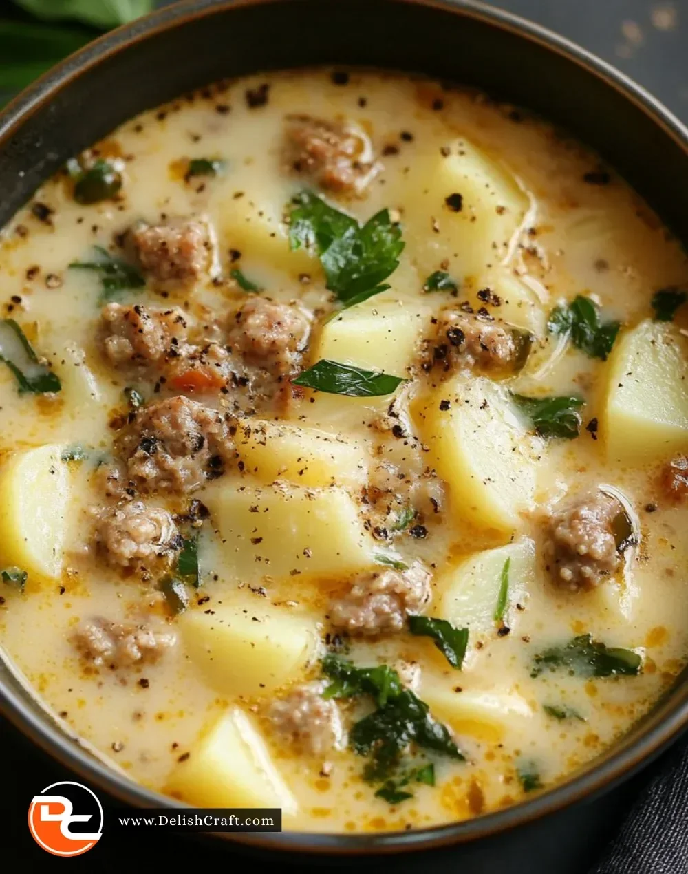 Bowl of sausage potato soup garnished with herbs and fresh vegetables