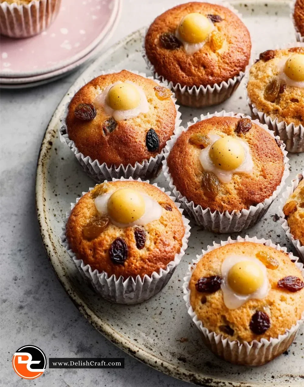 Freshly baked Simnel Muffins adorned with marzipan and dried fruit.