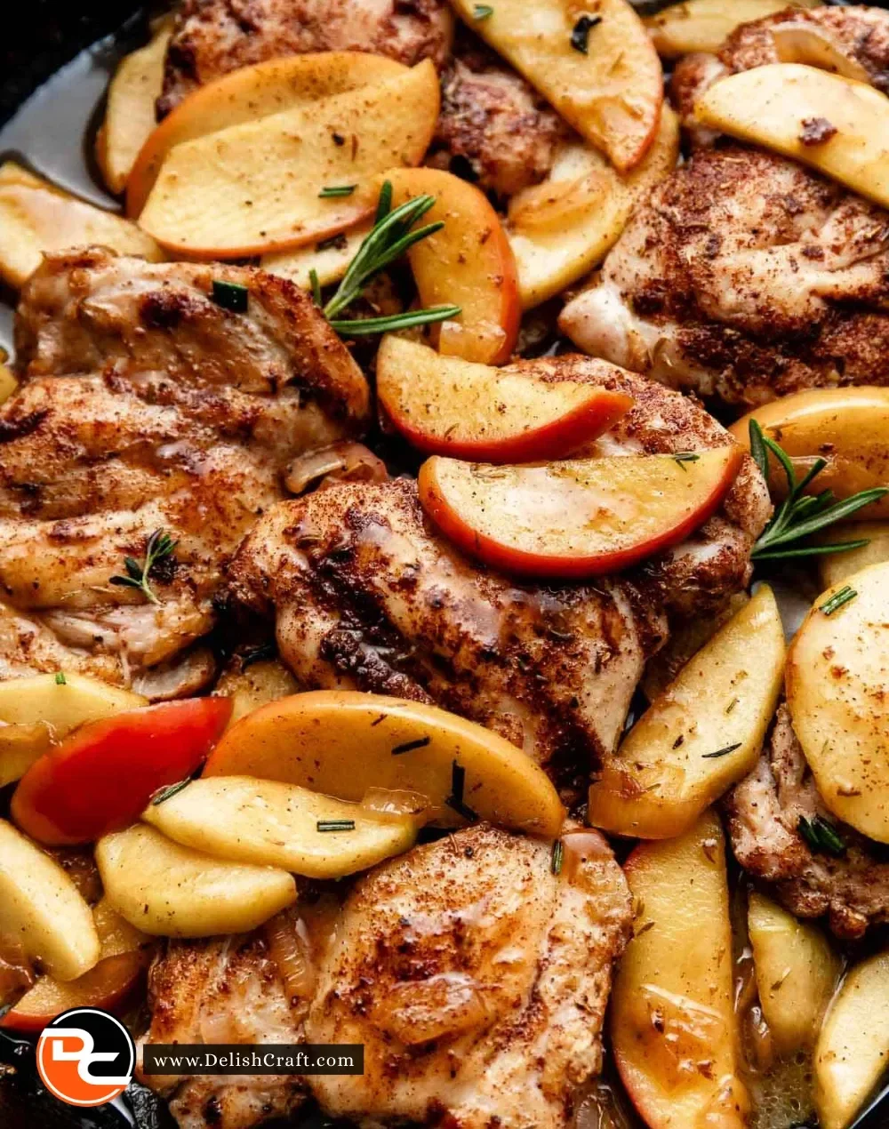 Skillet apple cider chicken dish garnished with herbs and spices.