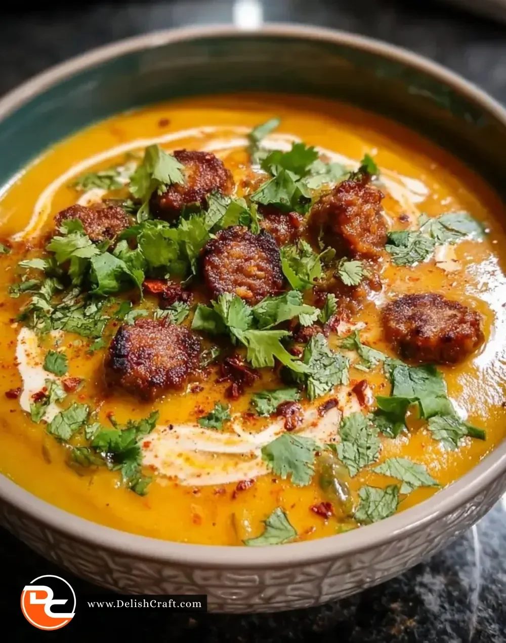 Bowl of spicy chorizo pumpkin soup garnished with herbs and spices