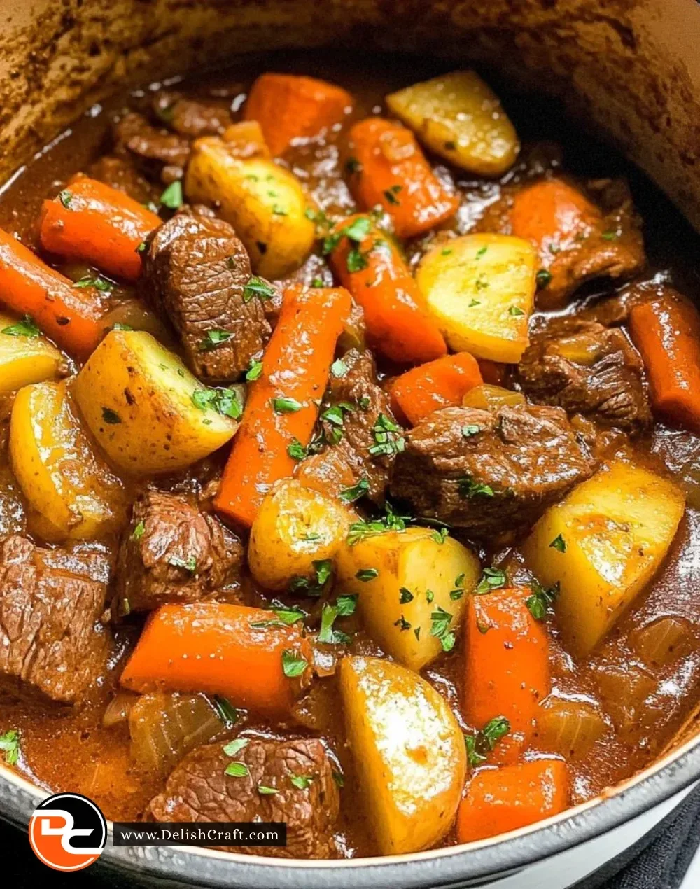 Delicious stove top beef stew with vegetables and tender meat in a pot