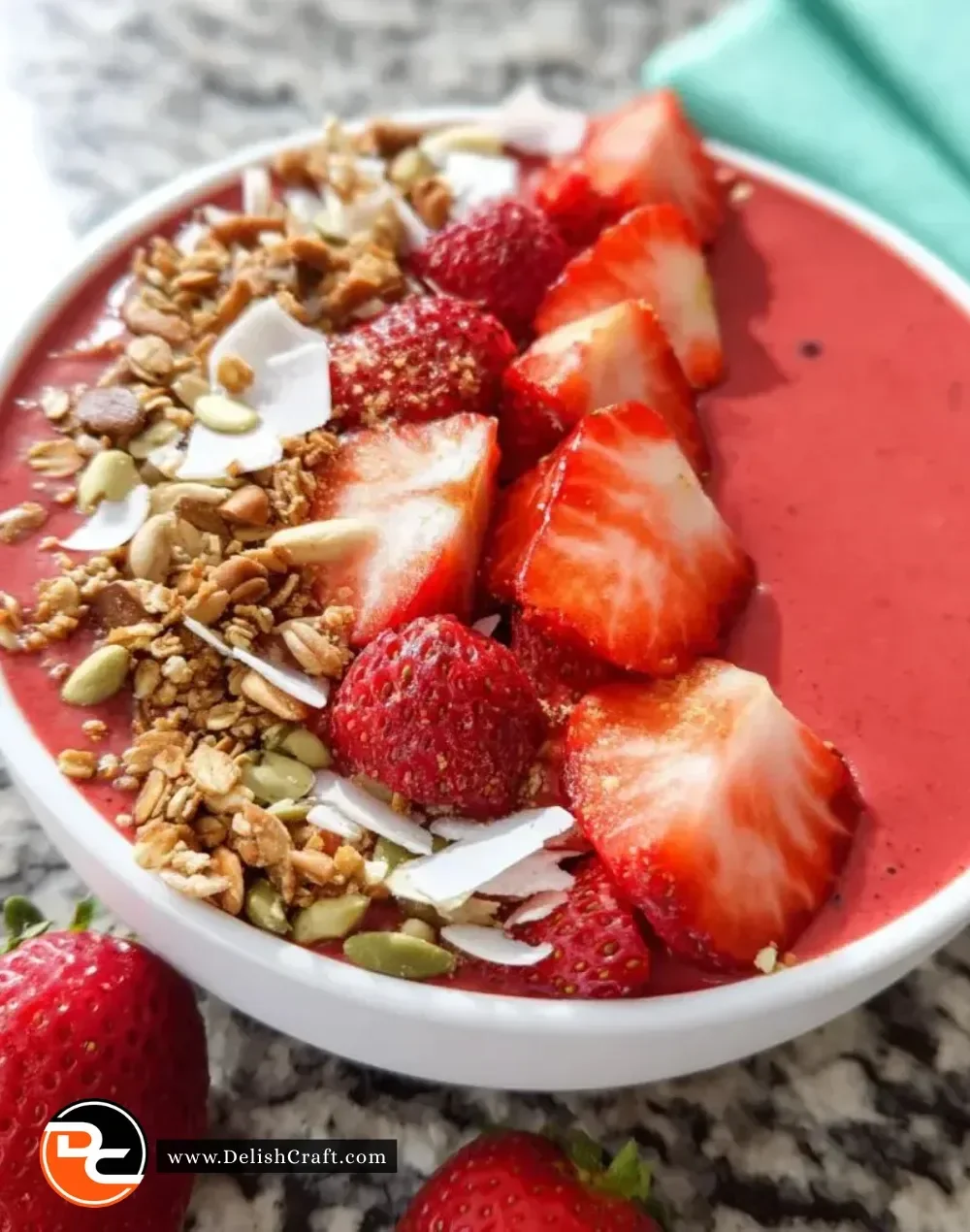 Delicious strawberry smoothie bowl topped with fresh fruits and seeds