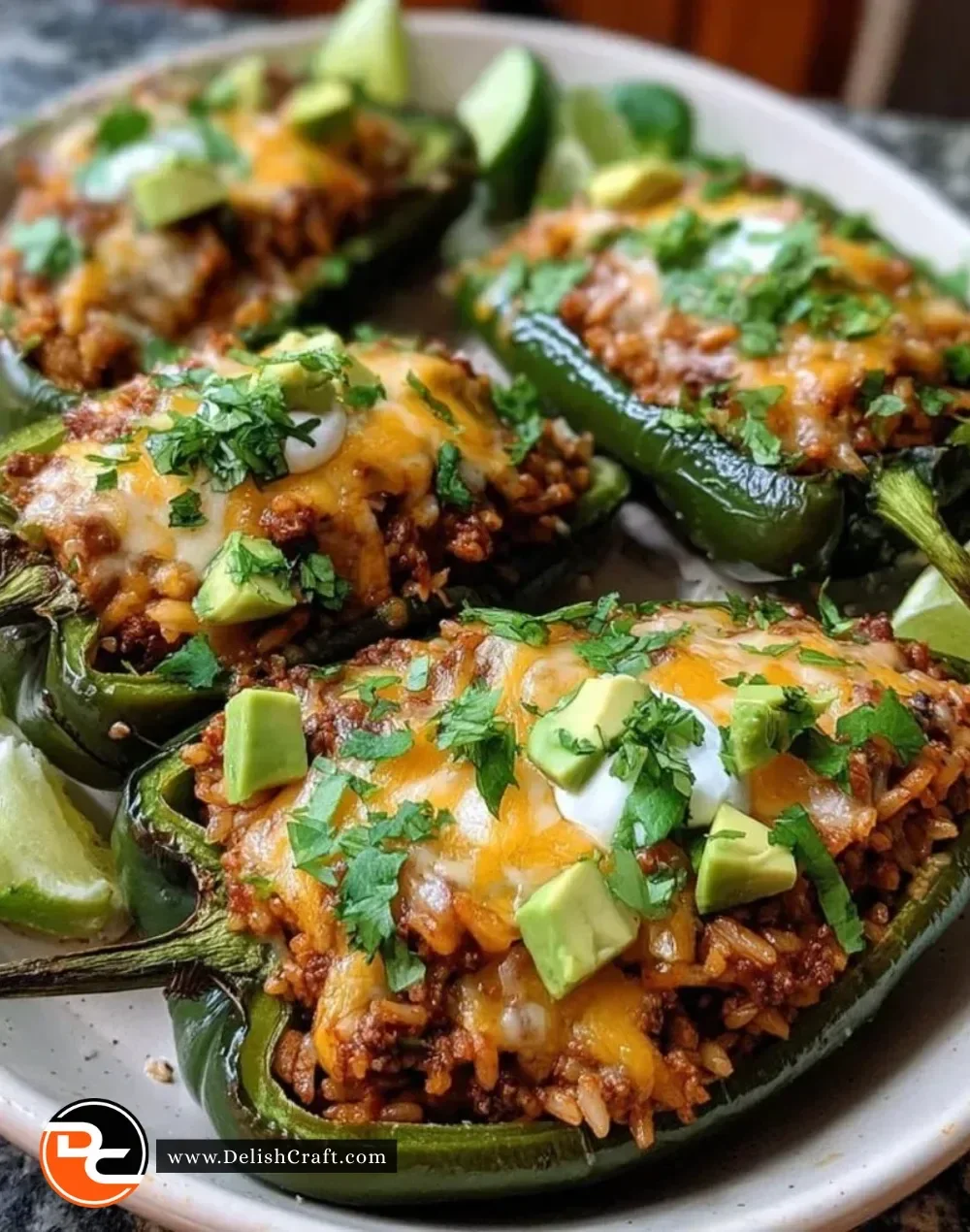 Taco-stuffed poblano peppers filled with seasoned ground beef and cheese