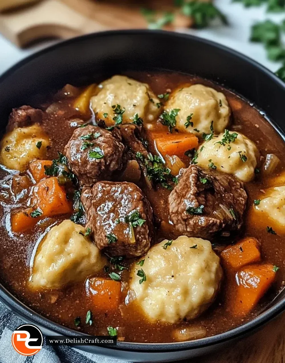 Delicious bowl of beef stew with fluffy dumplings for a hearty meal