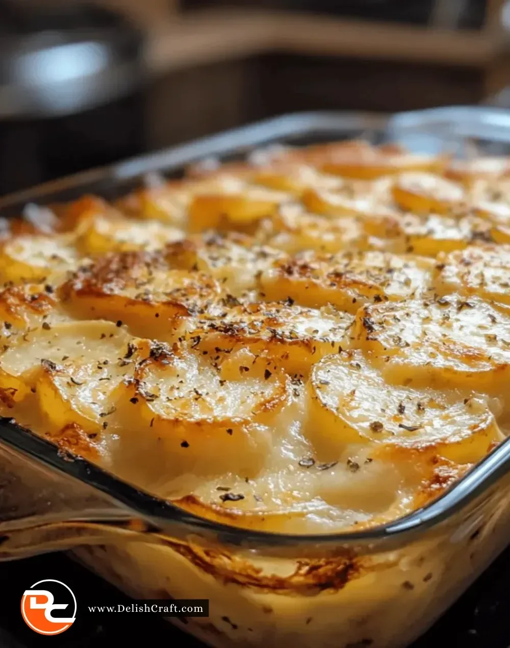 Delicious cheesy scalloped potatoes bake topped with melted cheese.