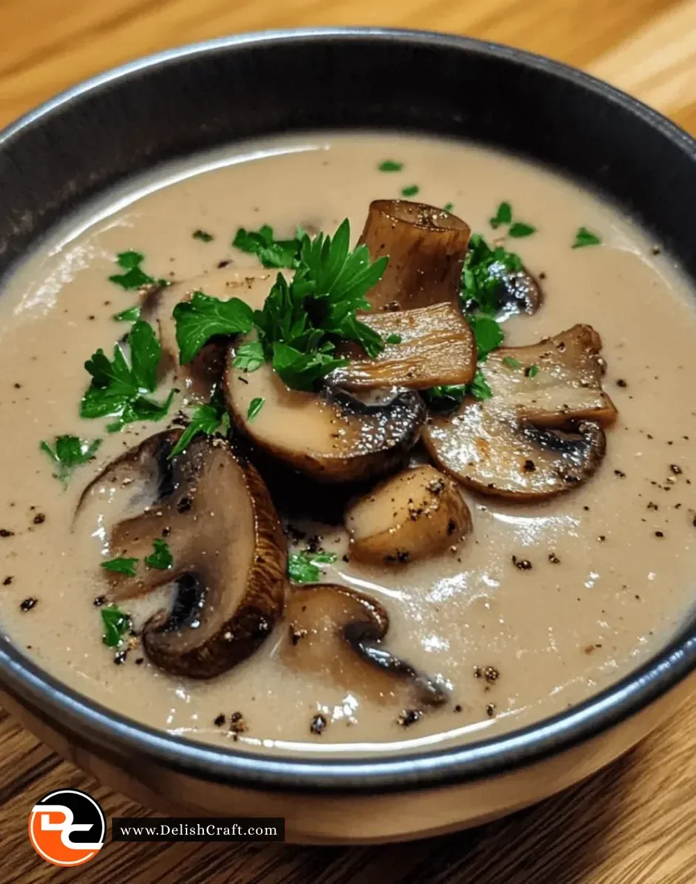 Creamy mushroom soup garnished with fresh herbs in a bowl
