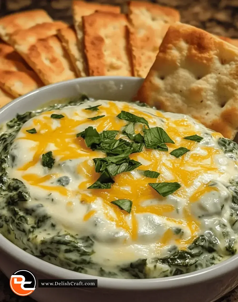 Creamy spinach cheese dip served in a bowl with fresh vegetables for dipping.