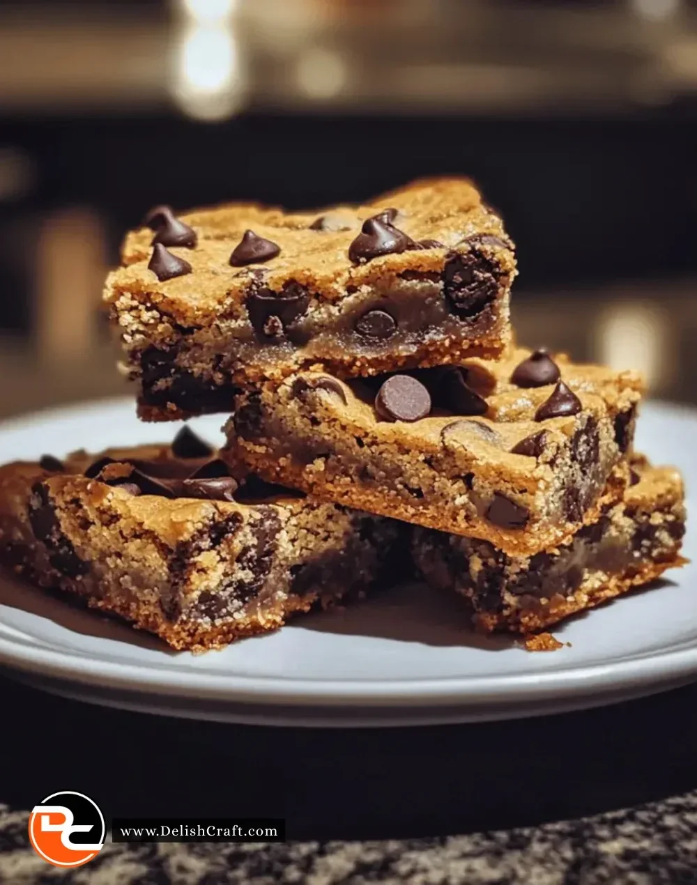 Delicious gooey chocolate chip cookie bars on a plate