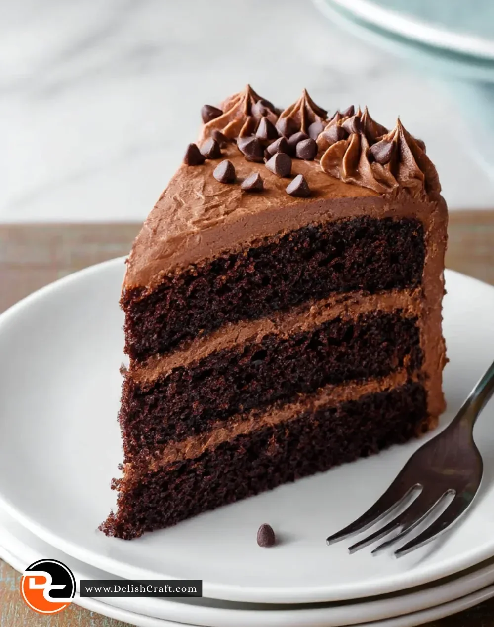 Delicious triple chocolate cake with layers of chocolate frosting and decorations