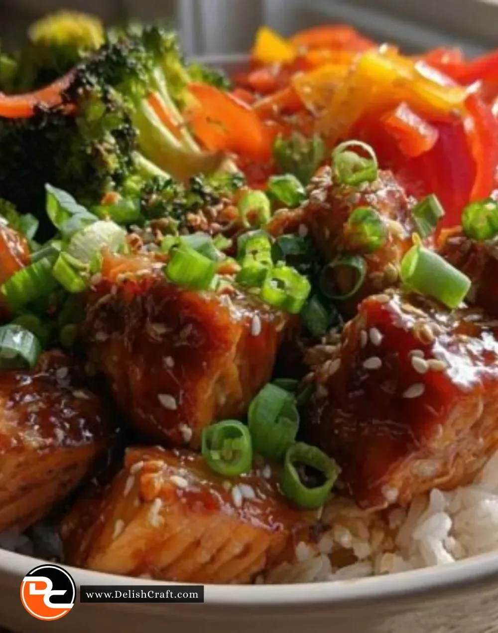Delicious teriyaki salmon bowls with rice and vegetables