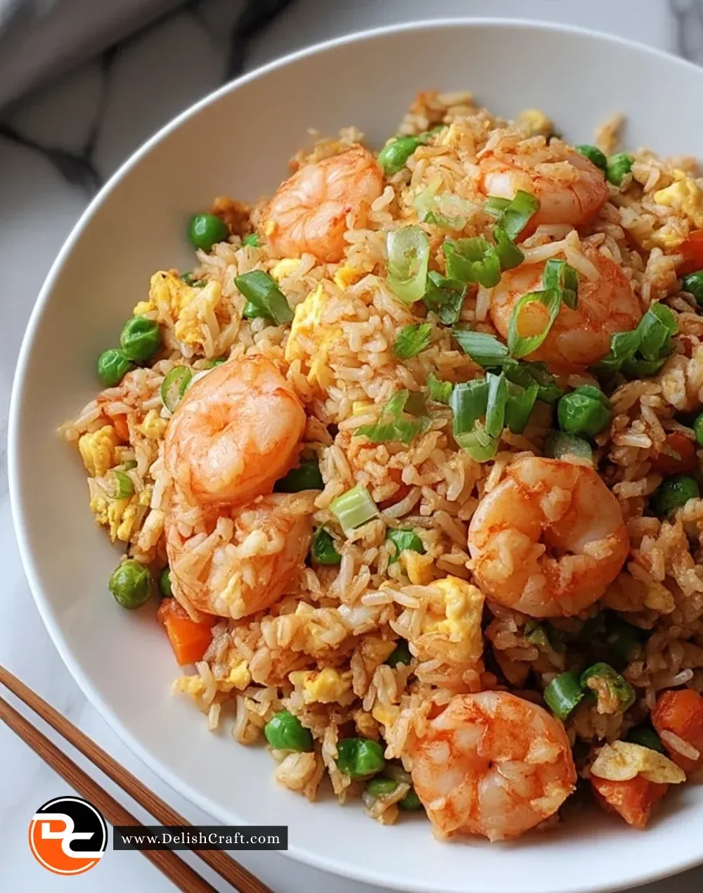 Plate of shrimp fried rice with vegetables and shrimp, ready in 30 minutes