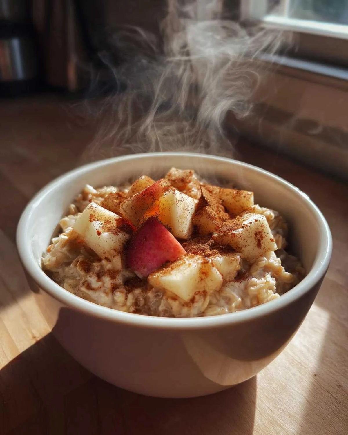 Bowl of 5-Minute Apple Pie Oatmeal topped with cinnamon and apple slices