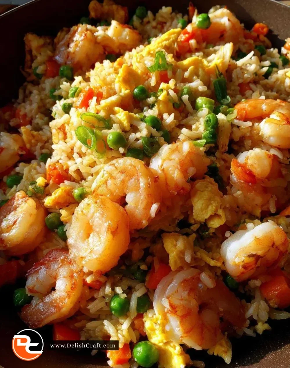 Delicious shrimp fried rice with colorful vegetables in a bowl