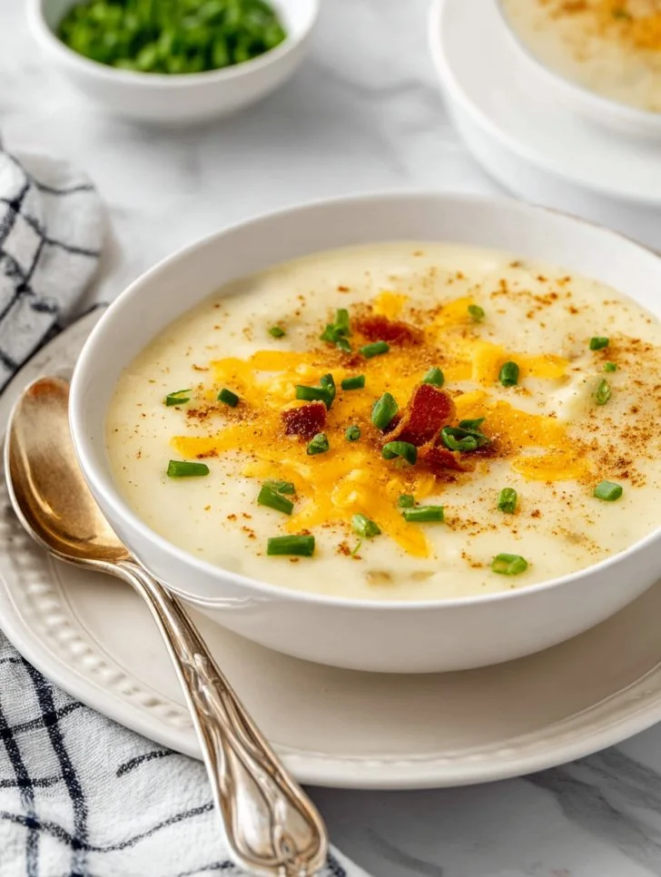 Creamy and delicious Baked Potato Soup topped with green onions and cheese