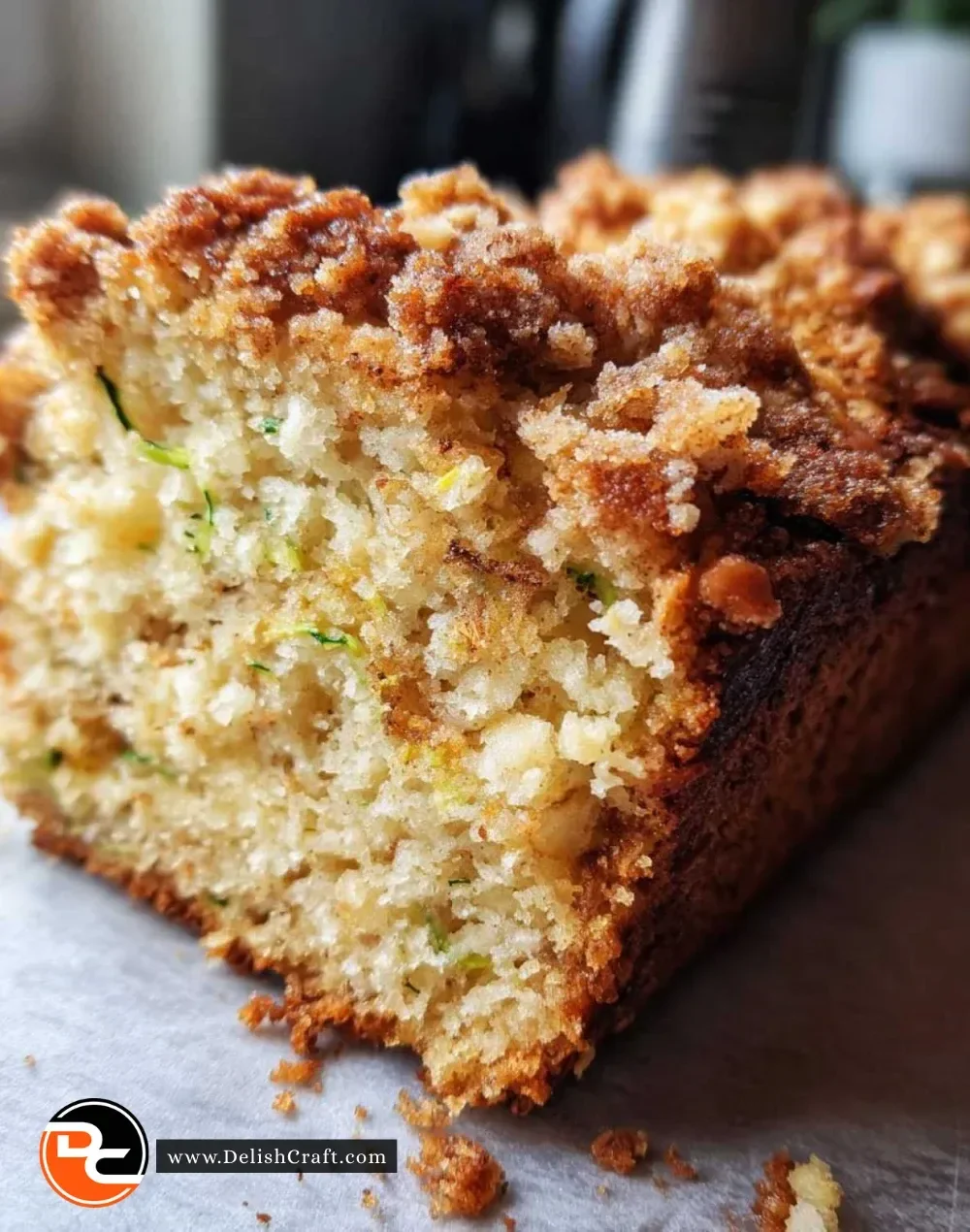 Bakery style cinnamon streusel zucchini bread with a crunchy topping