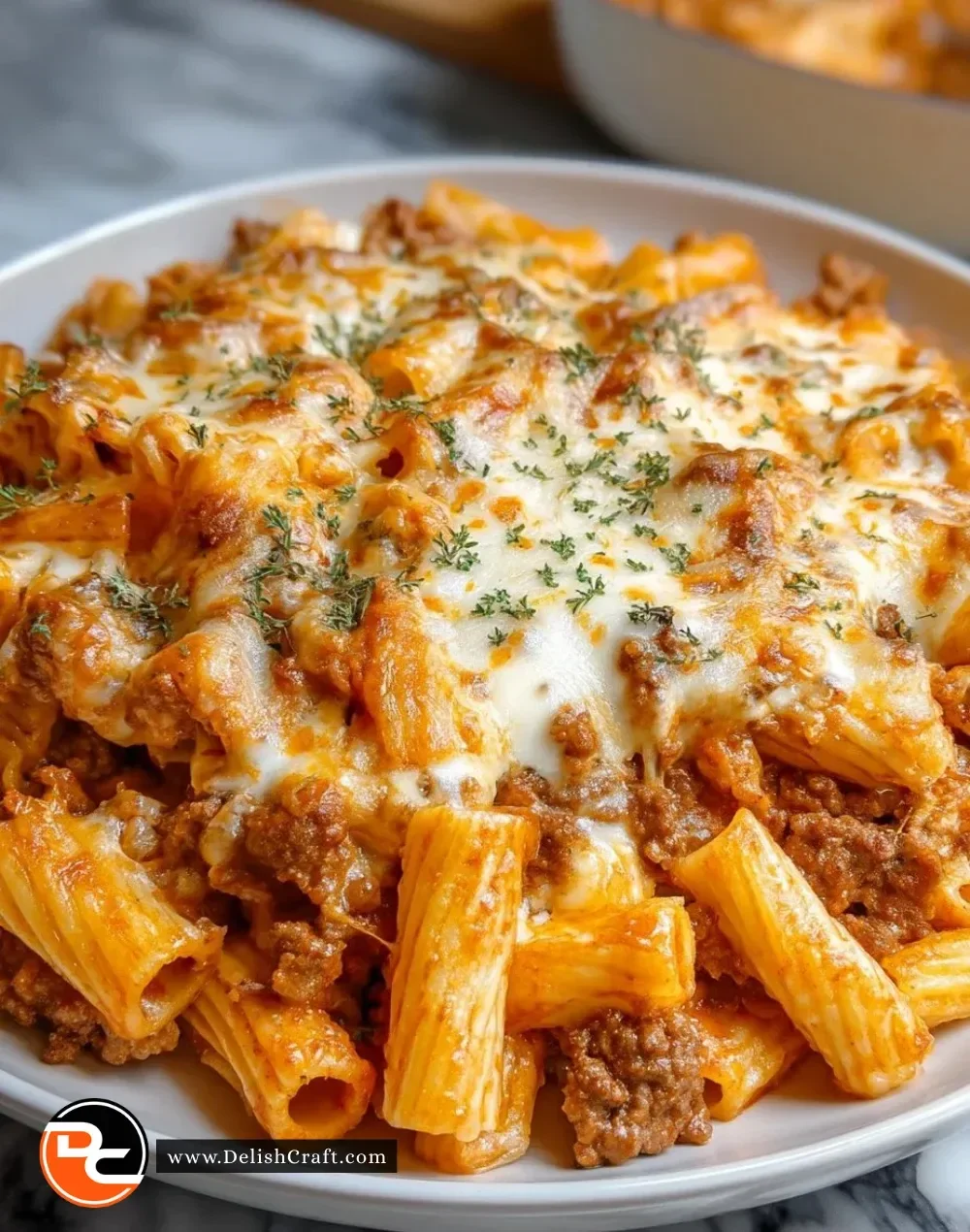 Creamy Beef Rigatoni Cheese Bake topped with cheese and herbs in a baking dish