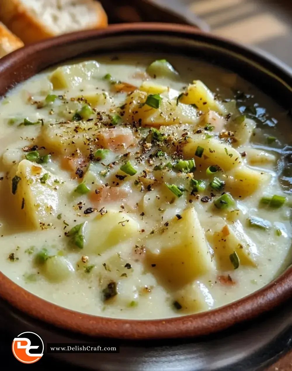 Bowl of creamy potato-leek chowder topped with fresh herbs