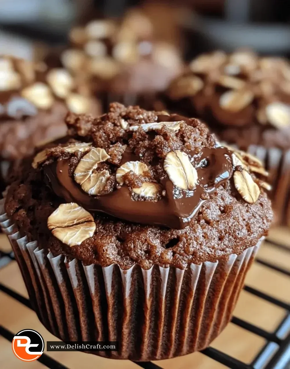 Fluffy chocolate oat muffins fresh out of the oven, topped with chocolate chips.