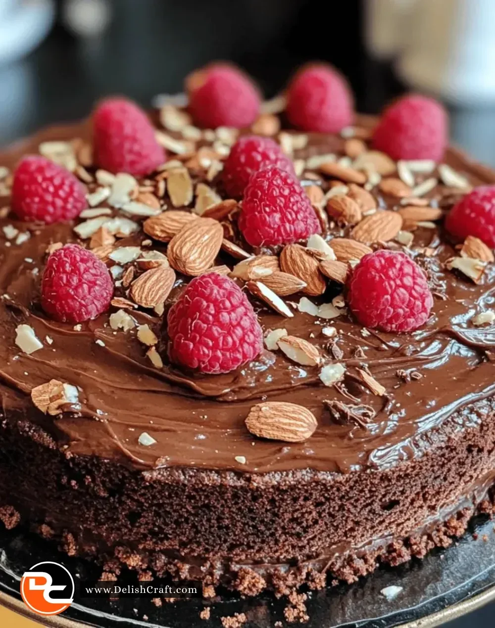 Slice of gluten-free almond flour chocolate cake on a plate
