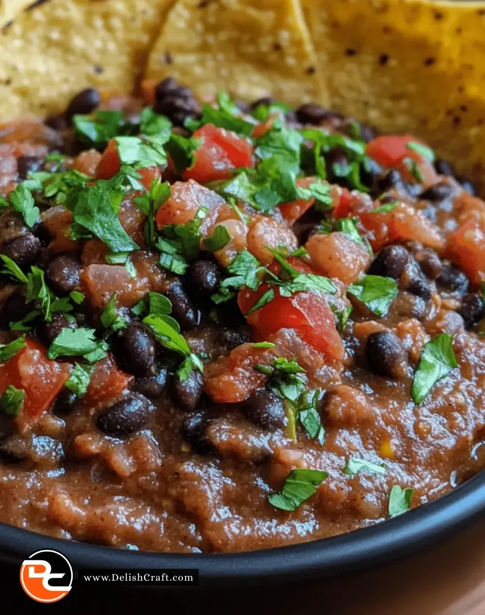 Bowl of best spicy black bean dip served with tortilla chips