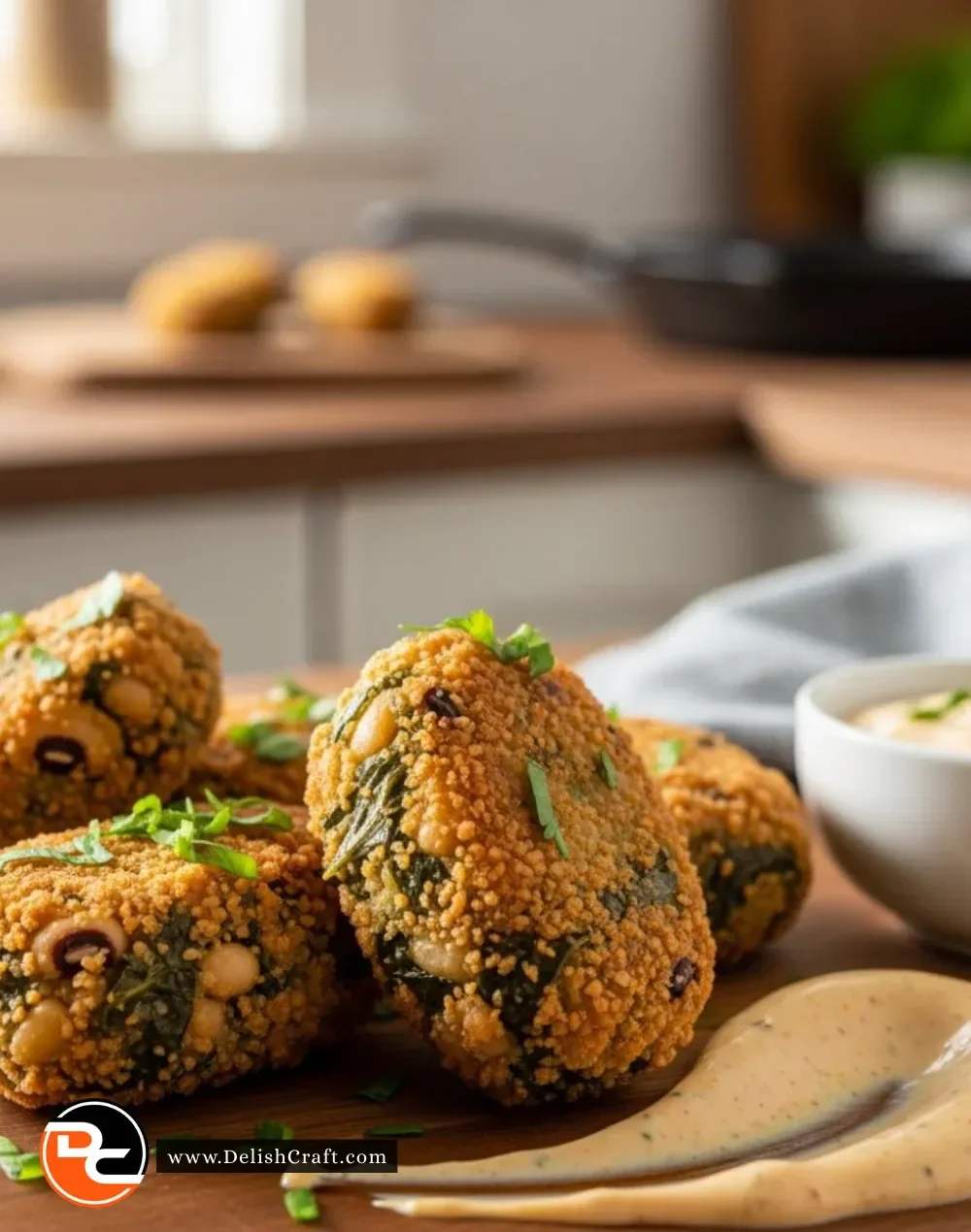 Crispy collard greens croquettes served with black-eyed peas