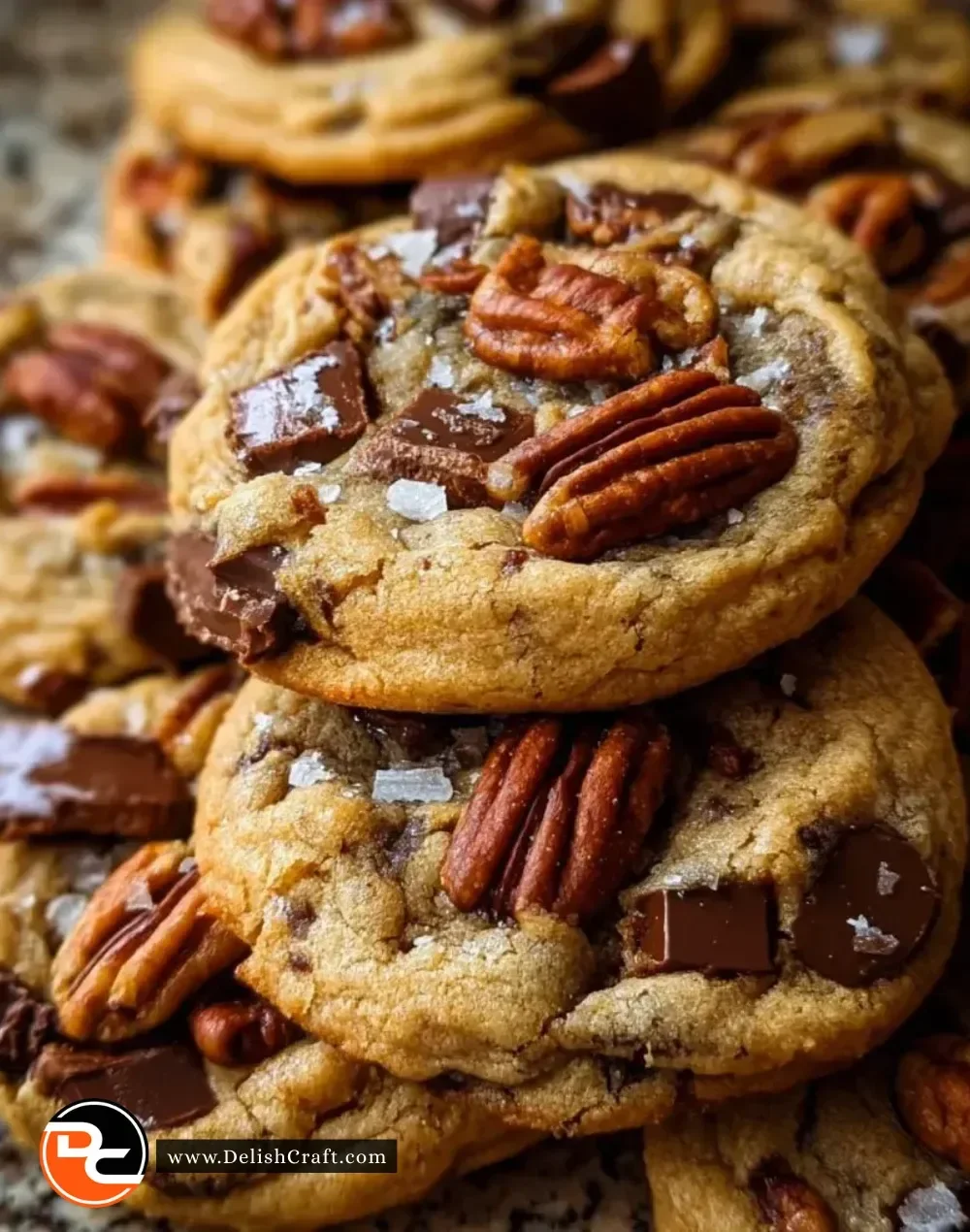 Brown butter bourbon pecan chocolate chunk cookies on a rustic wooden plate.