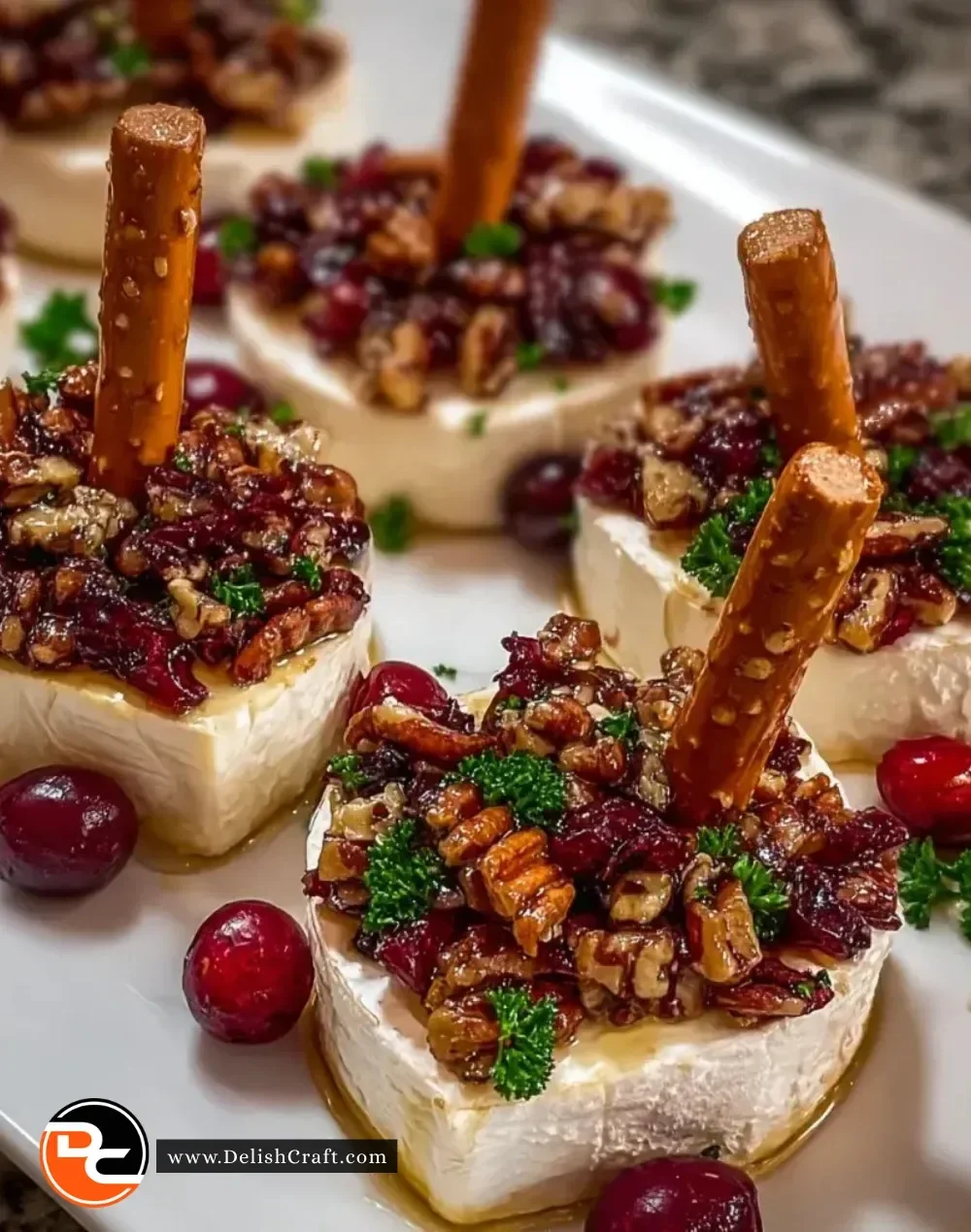 Candied Pecan Cranberry Brie Bites on a platter, a delicious appetizer.