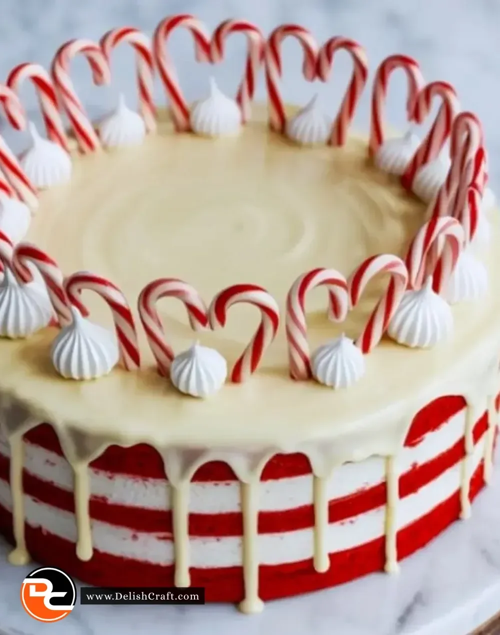 A beautifully decorated Candy Cane Cake with peppermint and festive colors