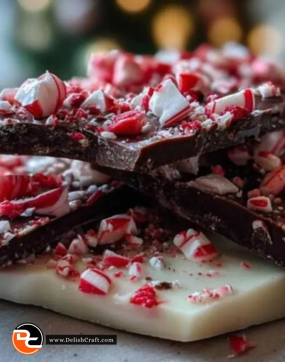 Candy Cane Chocolate Bark topped with crushed candy canes on a white plate