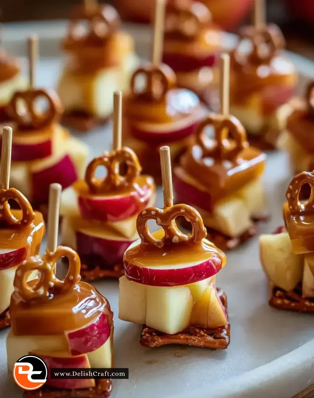 Delicious caramel apple pretzel bites drizzled with caramel sauce