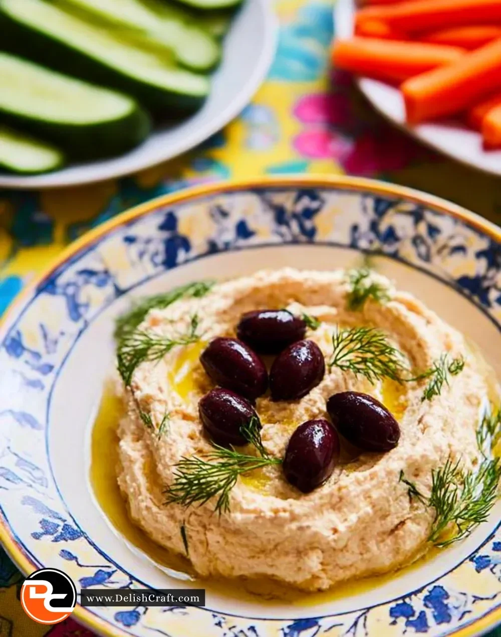 Bowl of Cheat's Taramasalata served with pita bread and vegetables