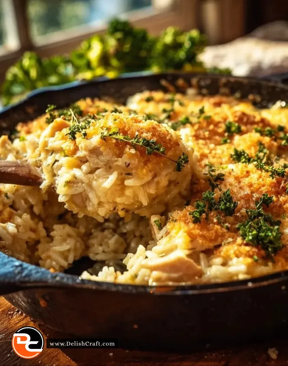 Delicious Cheesy Chicken and Rice Casserole served in a baking dish