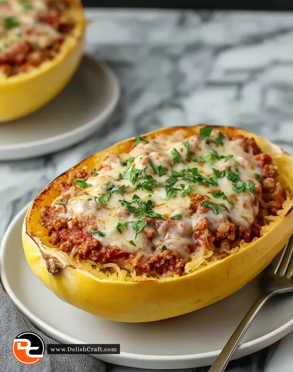 Cheesy Garlic and Herb Spaghetti Squash served with Meat Sauce