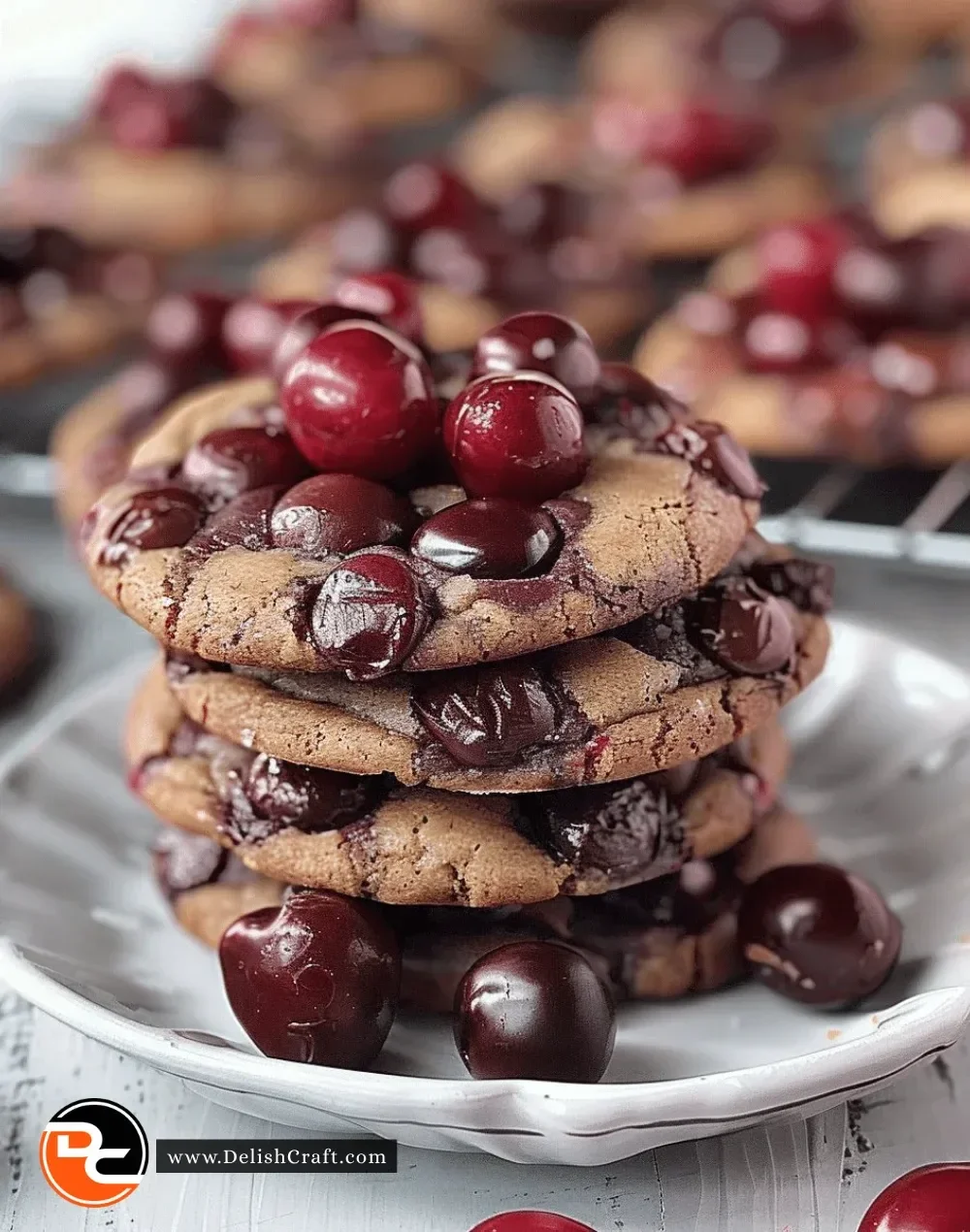 Freshly baked cherry chocolate chewy cookies on a cooling rack