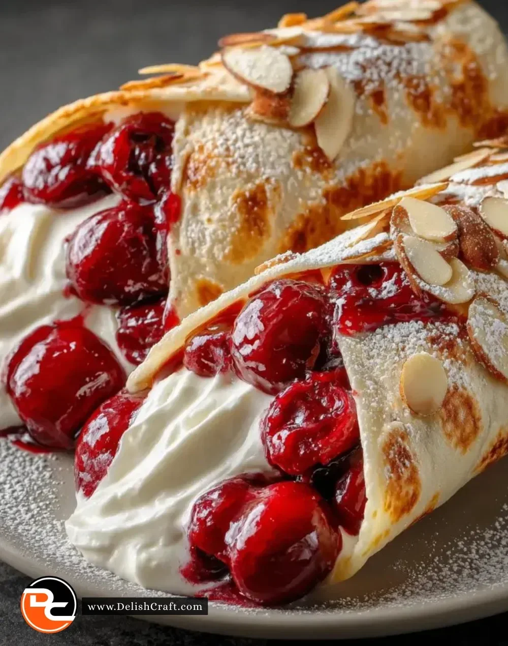 Cherry pie filling breakfast wraps with fresh cherries and flaky pastry
