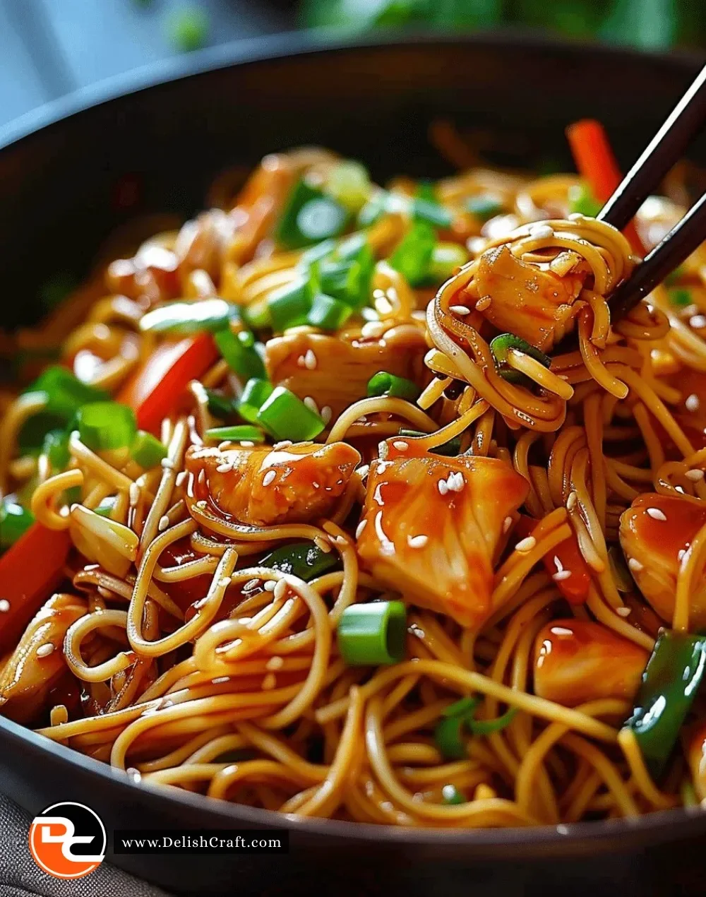 Delicious Chicken Lo Mein served with vegetables and noodles.