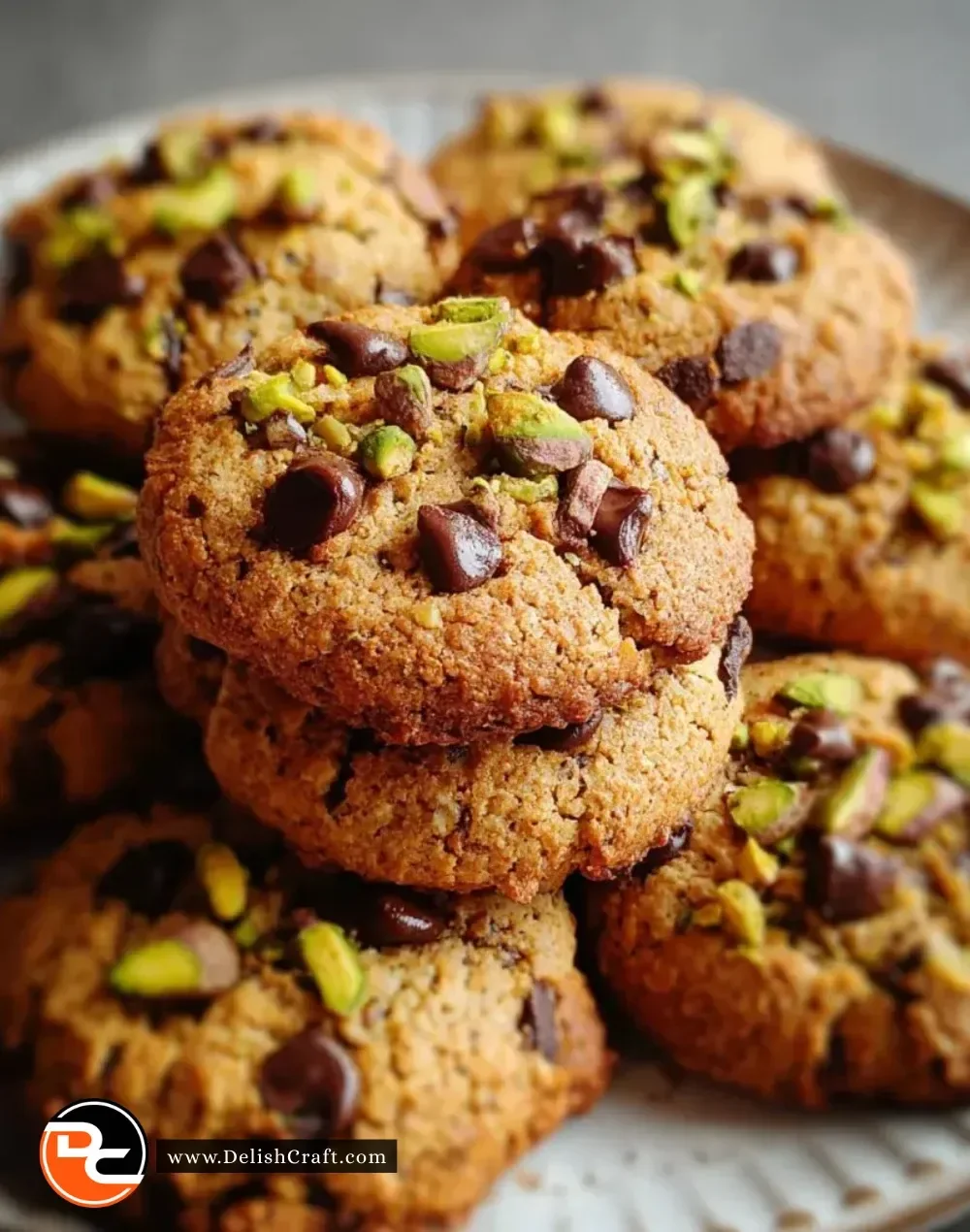 Freshly baked chocolate chip pistachio cookies on a cooling rack.
