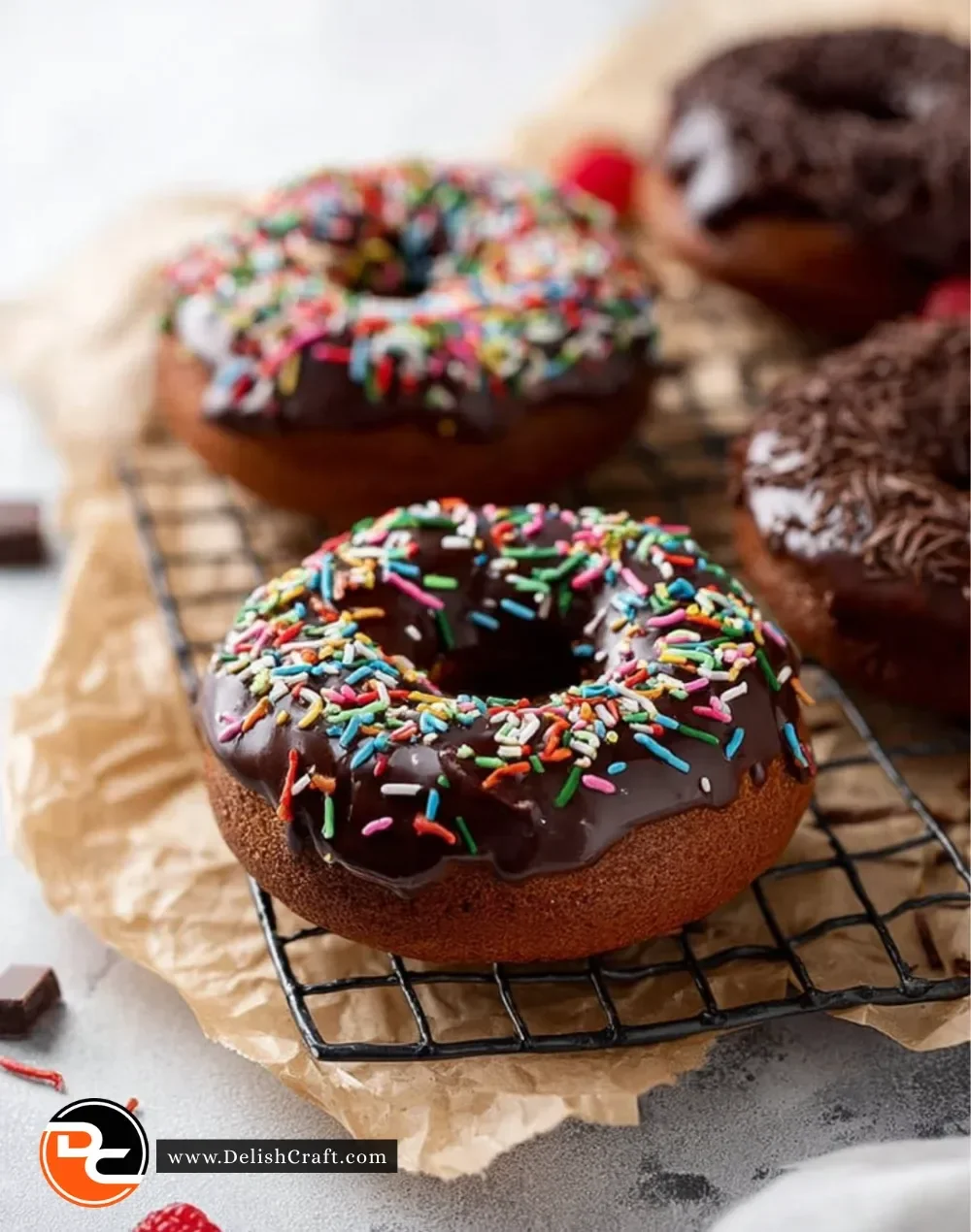 Delicious chocolate glazed doughnuts topped with chocolate icing.