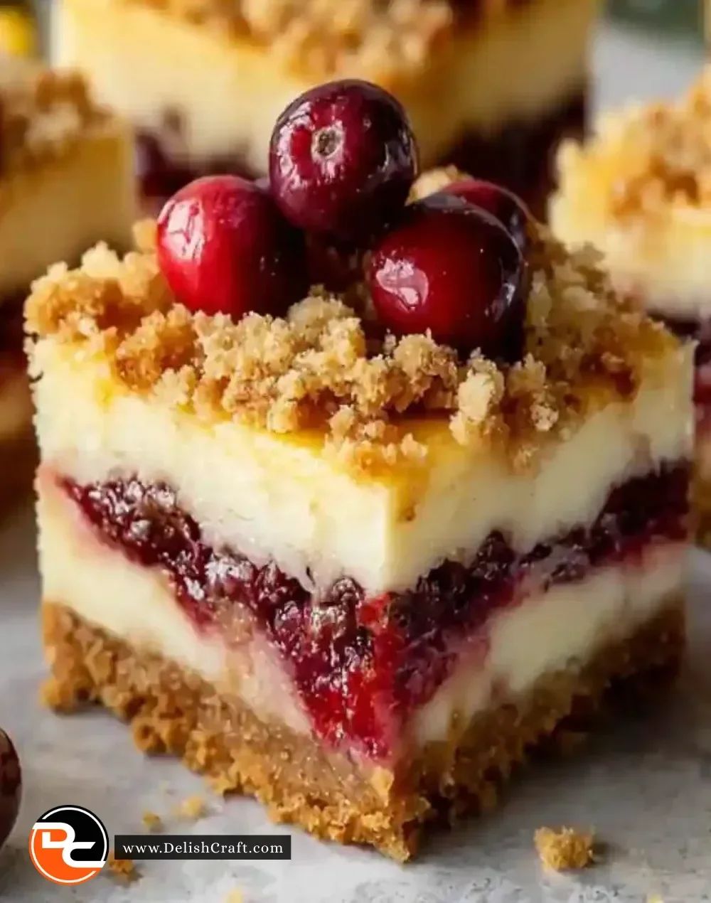 Festive Christmas Cherry Cheesecake Bars with creamy filling and cherry topping