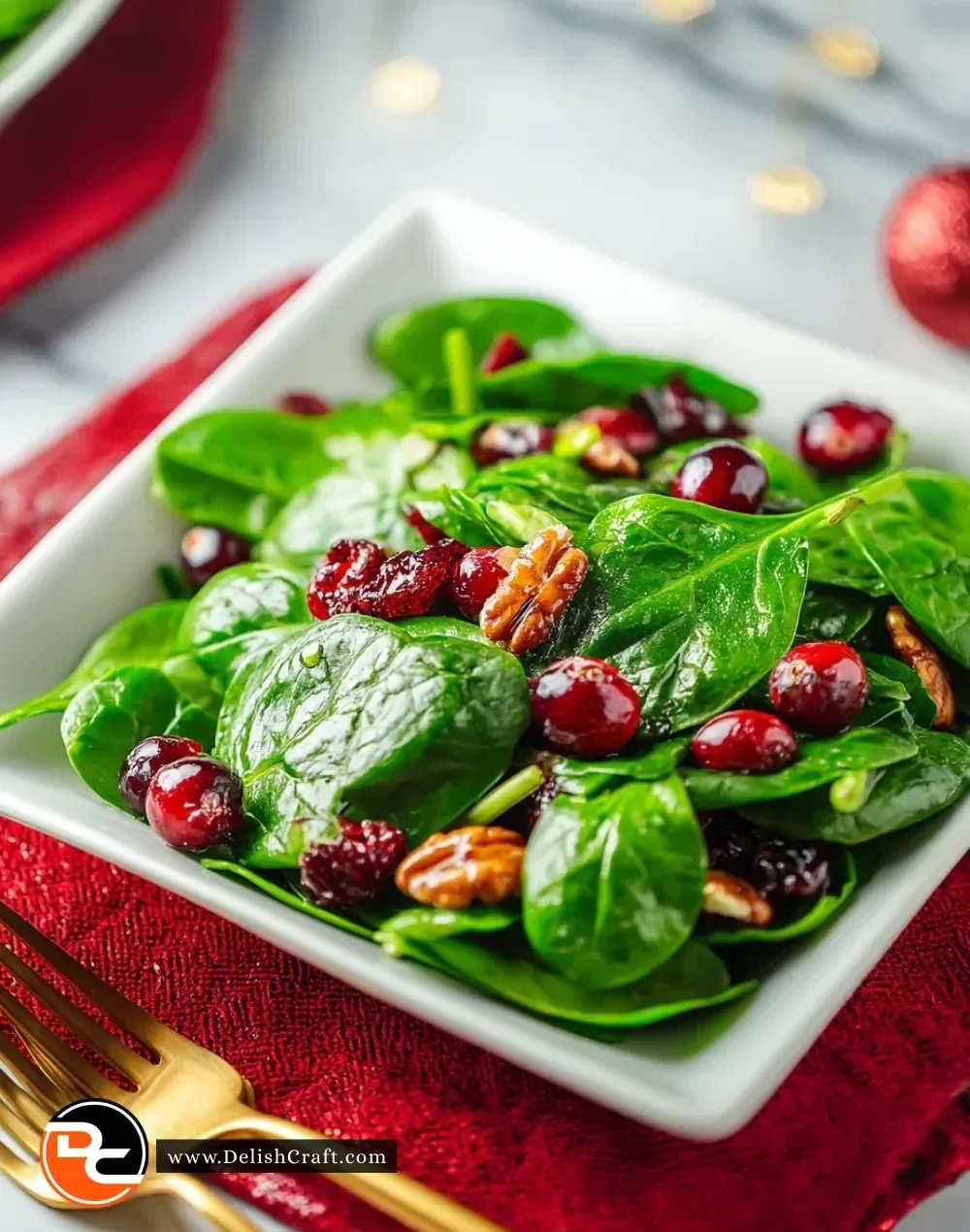Christmas Cranberry Spinach Salad featuring fresh spinach, cranberries, and festive toppings.