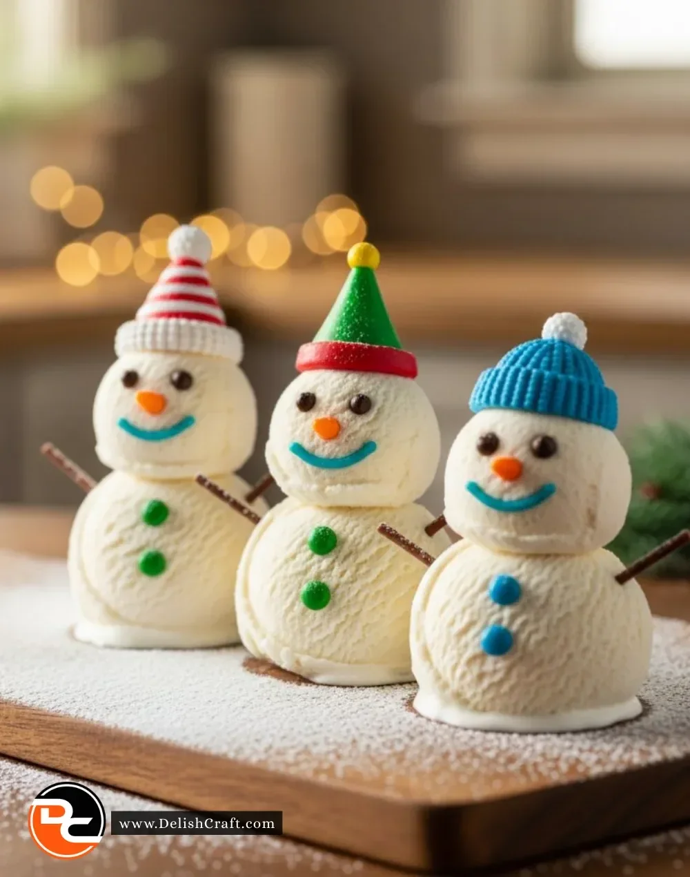 Decorative Christmas ice cream snowmen with festive toppings and accessories.