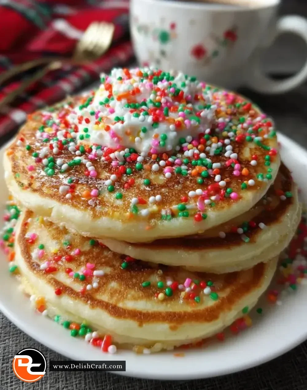 Fluffy Christmas pancakes with festive toppings for a holiday breakfast